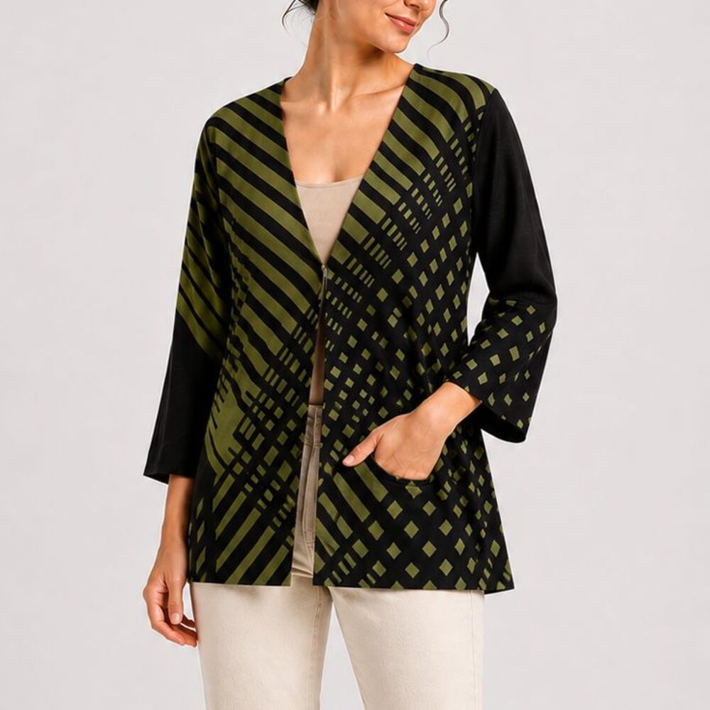 Ming Wang Green Black Geometric Knit Jacket Cardigan Open Front M